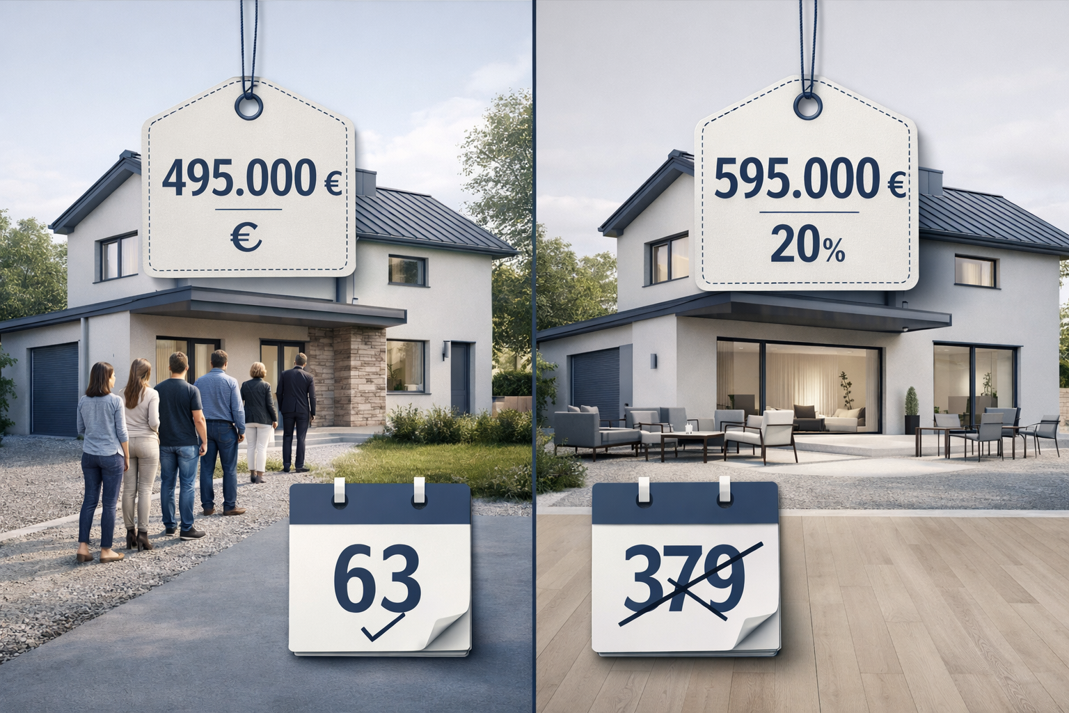 () detailed infographic visualization showing a split-screen comparison: left side displays a property with a realistic
