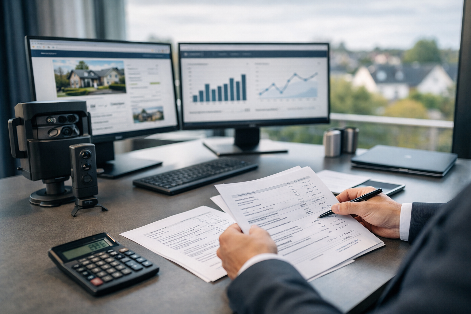 () professional photograph of a modern real estate office workspace in Quickborn, showing a desk with dual monitors