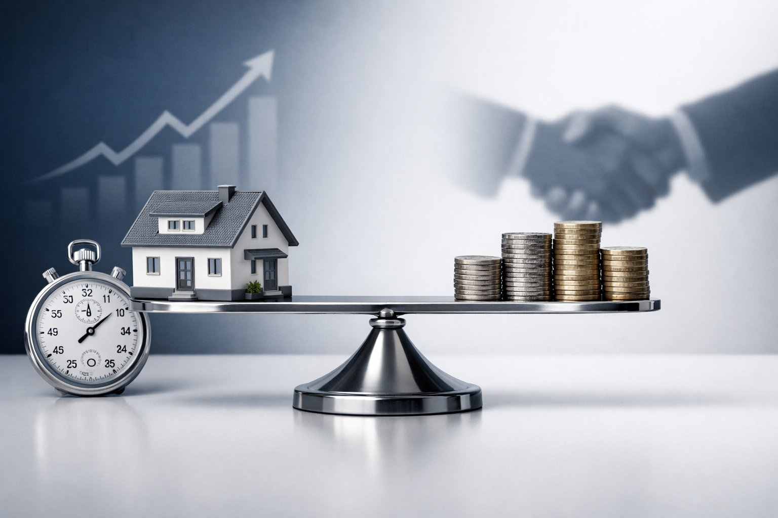 () conceptual business illustration showing a balanced scale in the center with a miniature house model on one side and