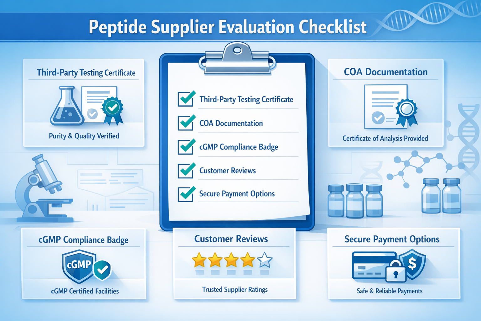 Detailed infographic illustration (1536x1024) showing comprehensive checklist for evaluating peptide suppliers with visual hierarchy, featur