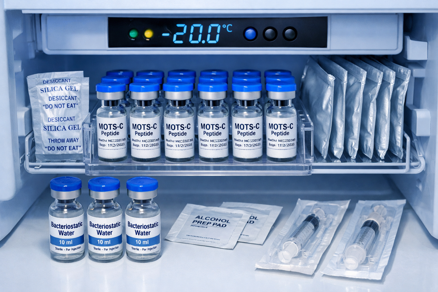 High-quality photograph (1536x1024) of organized laboratory storage system displaying proper peptide handling, featuring labeled vials of MO
