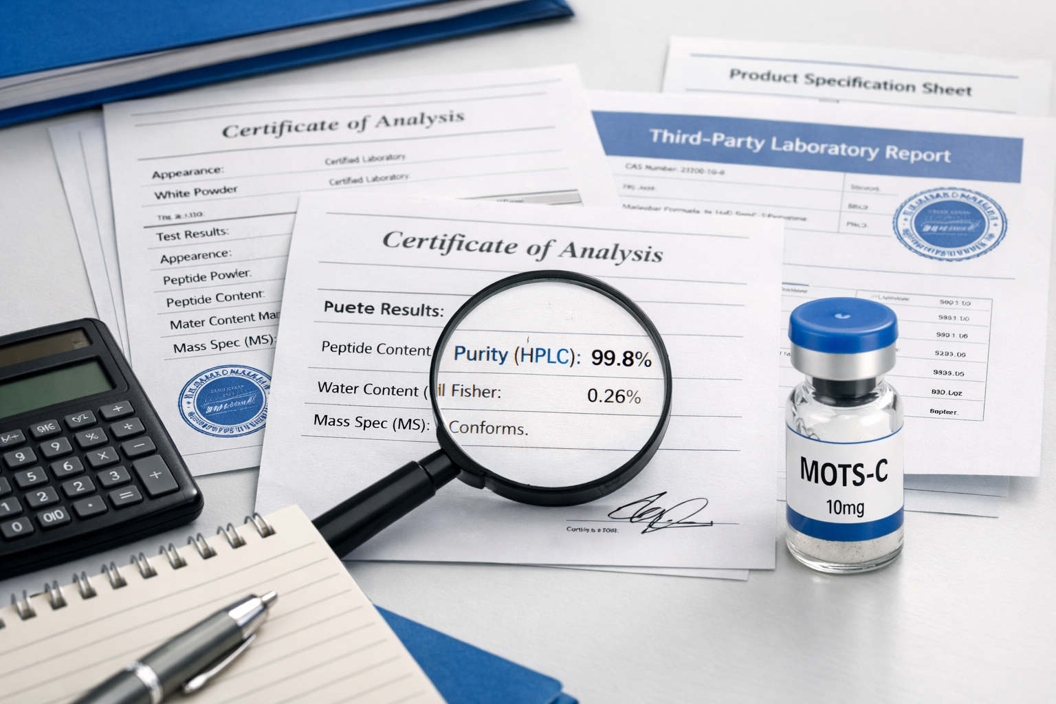 Professional photograph (1536x1024) showing research documentation and quality assurance materials for MOTS-C peptide procurement, featuring