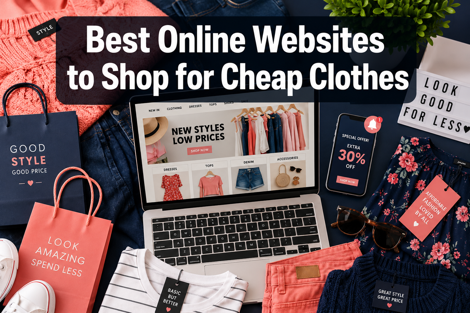 Professional () hero image with : 'Best Online Websites to Shop for Cheap Clothes' in extra large white with dark