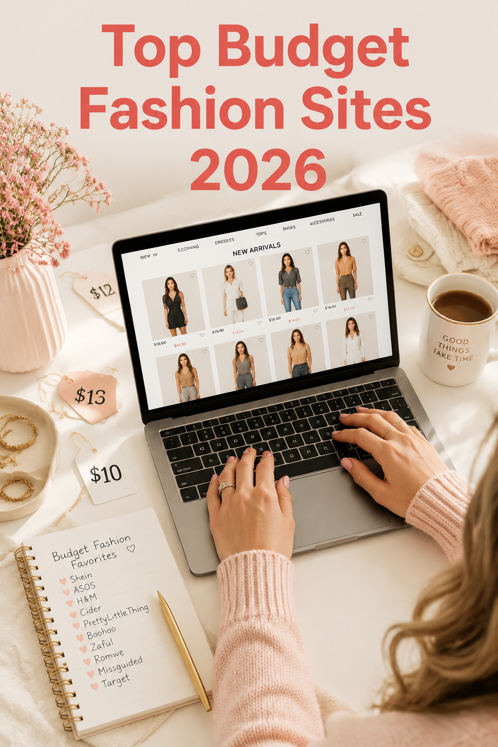 Portrait/Pinterest format () showing a bright, airy overhead shot of a woman's hands scrolling through a budget fashion