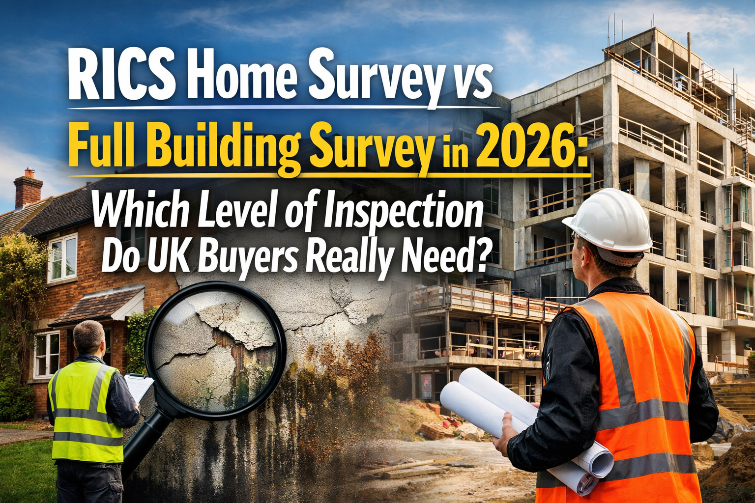 Professional landscape hero image () with : "RICS Home Survey vs Full Building Survey in 2026: Which Level of Inspection Do