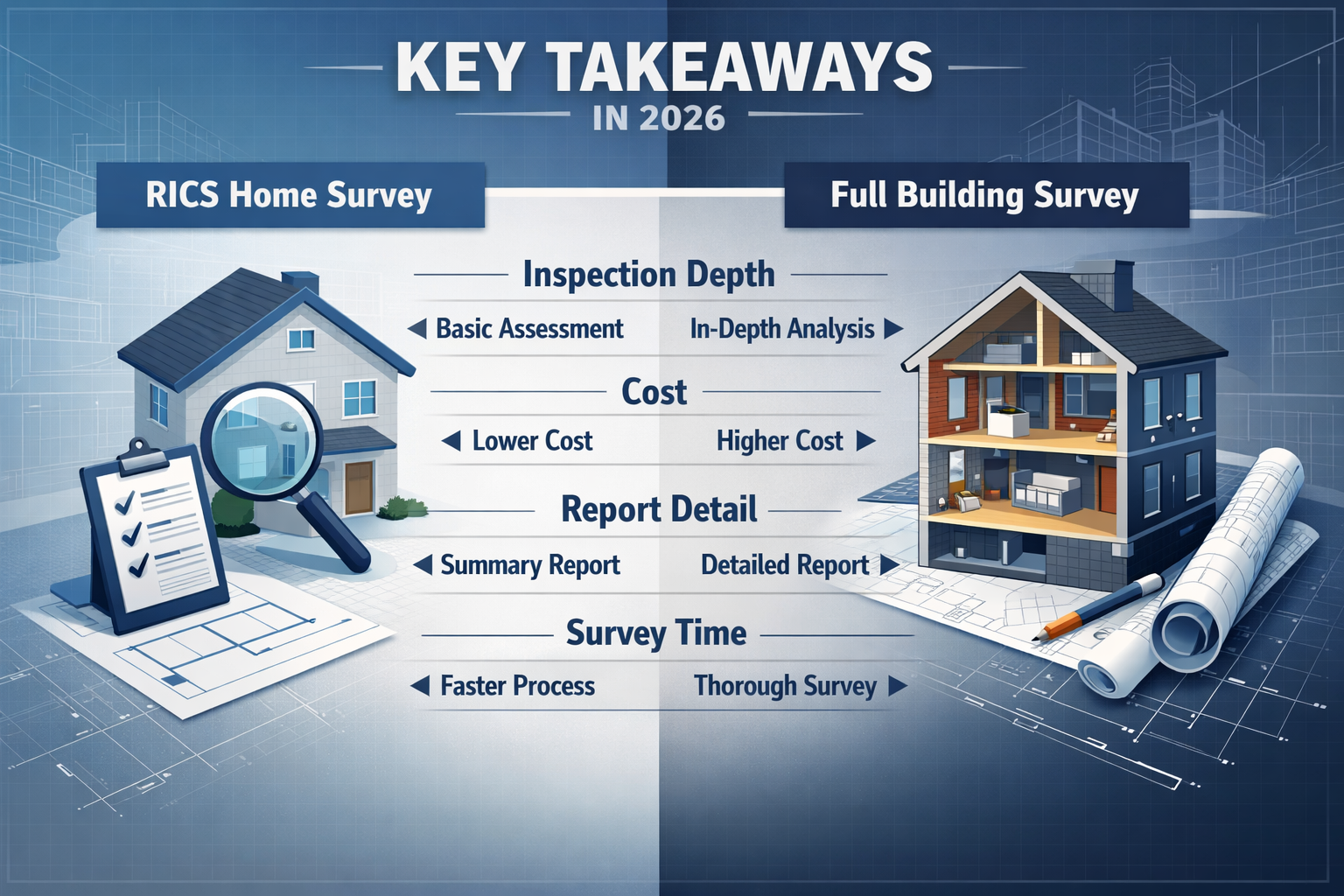 Key visual for 'Key Takeaways' section: Isometric infographic with split-screen design comparing RICS Home Survey and Full