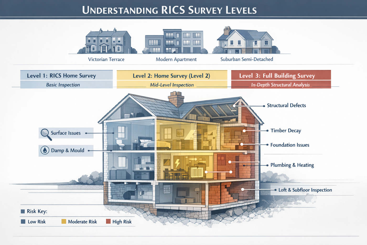 Illustration for 'Understanding RICS Survey Levels' section: Architectural cutaway diagram of a UK residential property,