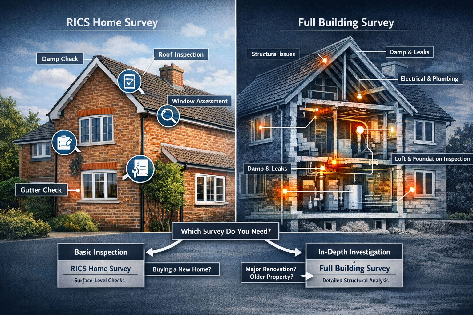 Conceptual image for 'RICS Home Survey vs Full Building Survey' section: Split-screen photorealistic representation of two