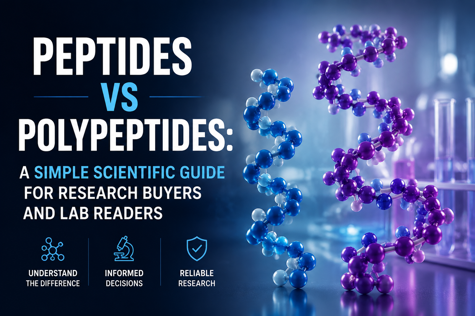 Professional landscape hero image () with : "Peptides vs Polypeptides: A Simple Scientific Guide for Research Buyers and Lab