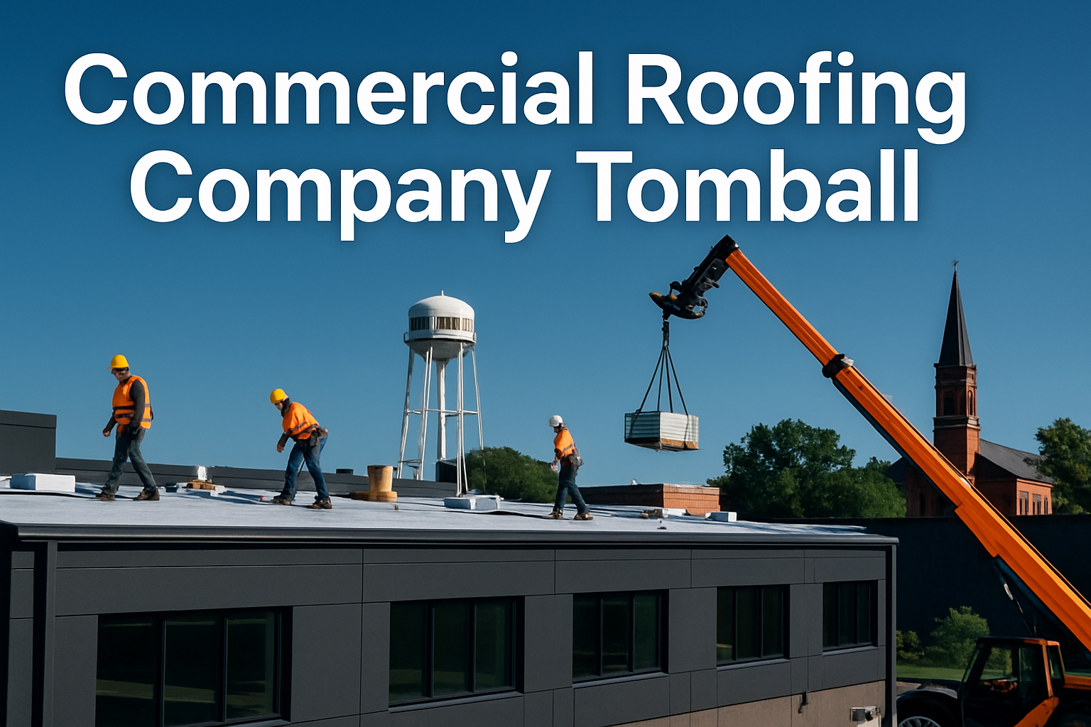 Professional landscape hero image (1536x1024) featuring bold text overlay 'Commercial Roofing Company Tomball' in extra large 72pt white san