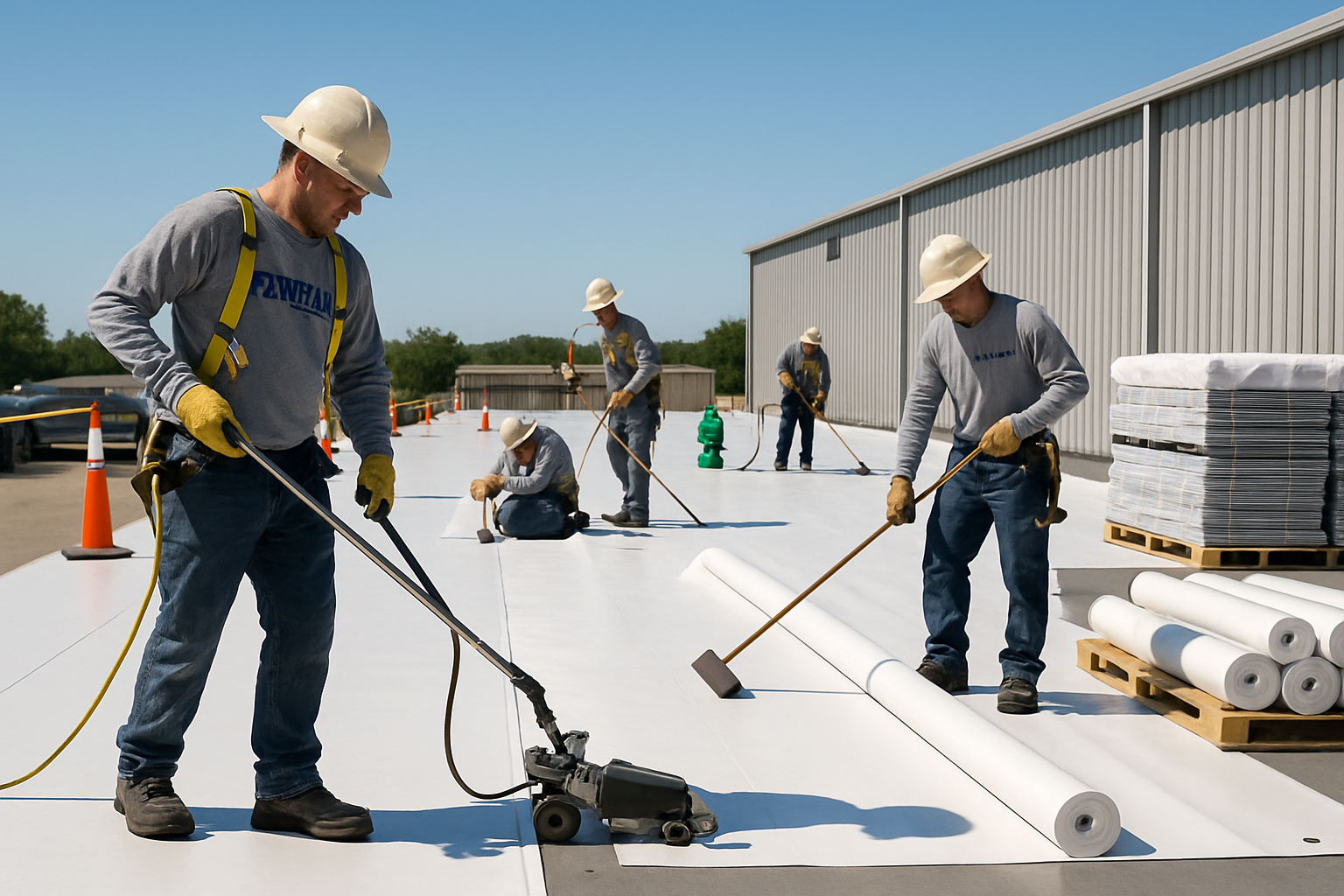 Detailed commercial roofing installation scene in Tomball showing workers applying TPO membrane on large warehouse roof, safety equipment vi