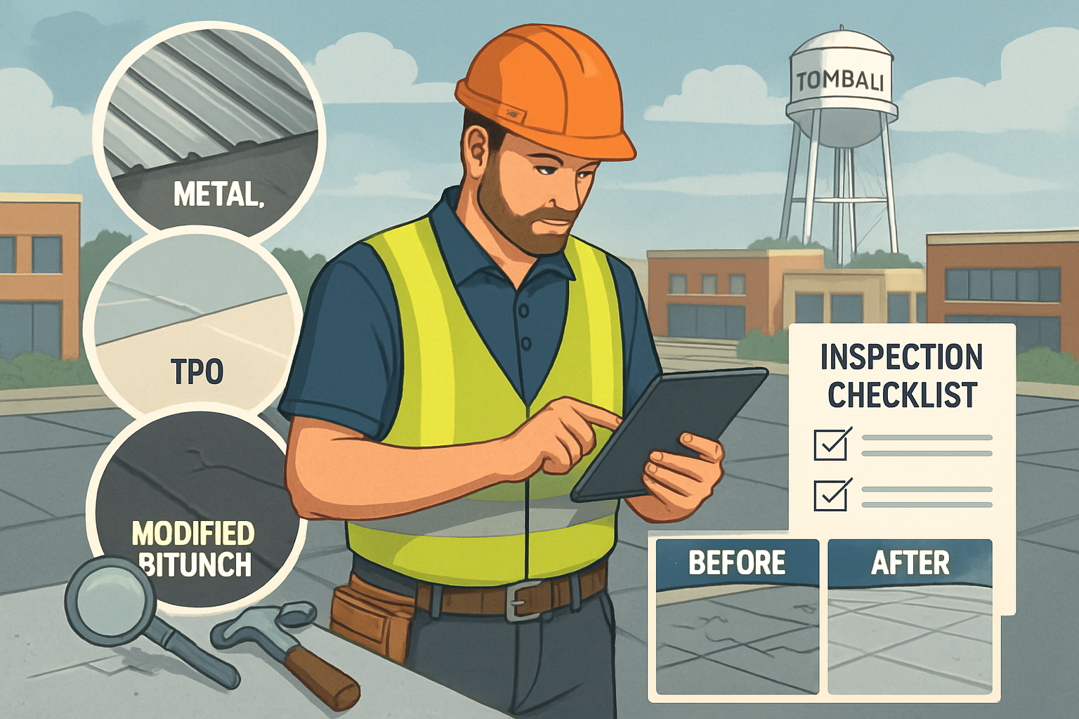 Commercial roof inspection process illustration showing professional roofer with tablet documenting roof condition, close-up of various roof