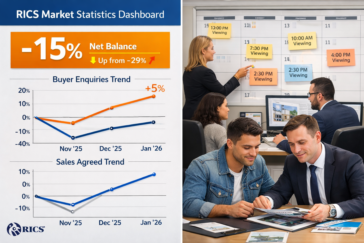 () editorial image showing split-screen composition: left side displays RICS market statistics dashboard with prominent -15%