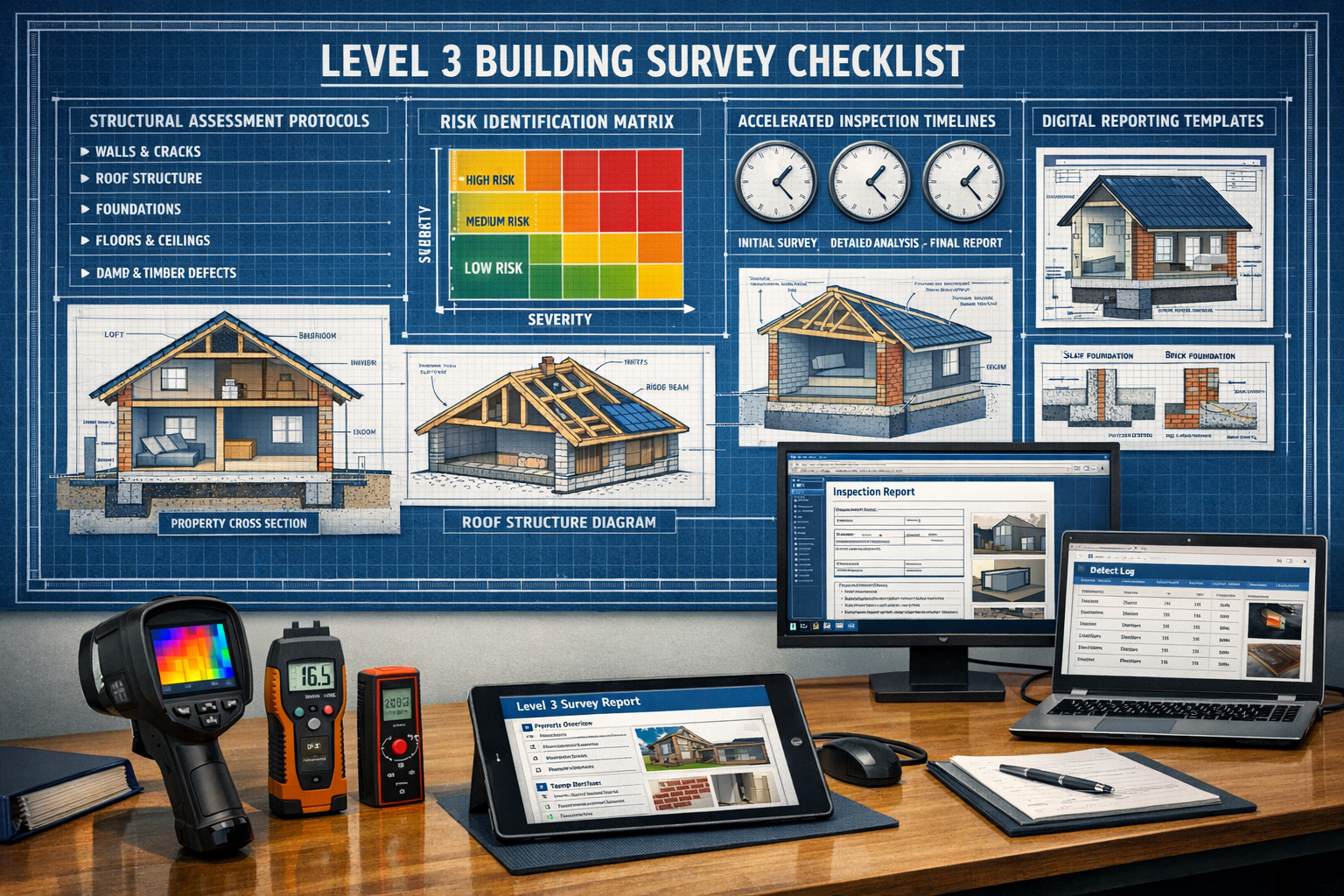 () detailed technical illustration showing comprehensive Level 3 building survey checklist layout as large wall-mounted