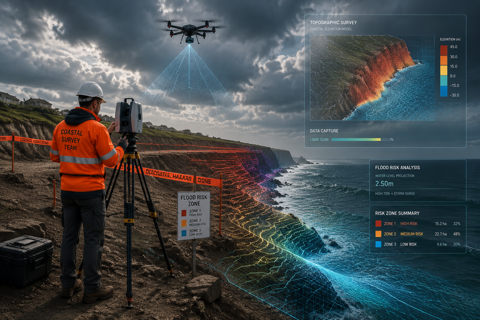 Wide-angle () showing a professional land surveyor using LiDAR scanning equipment on an eroding coastal cliff, with visible