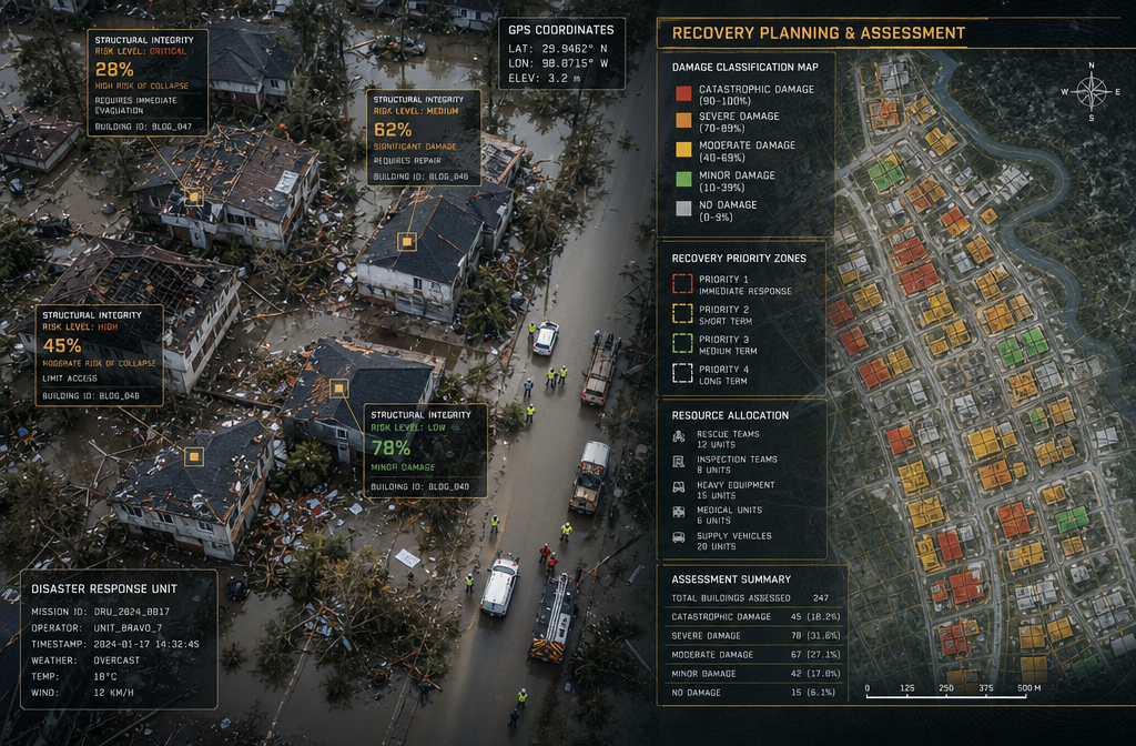 Overhead bird's-eye () aerial drone photograph of a post-flood disaster recovery zone showing flooded streets, emergency