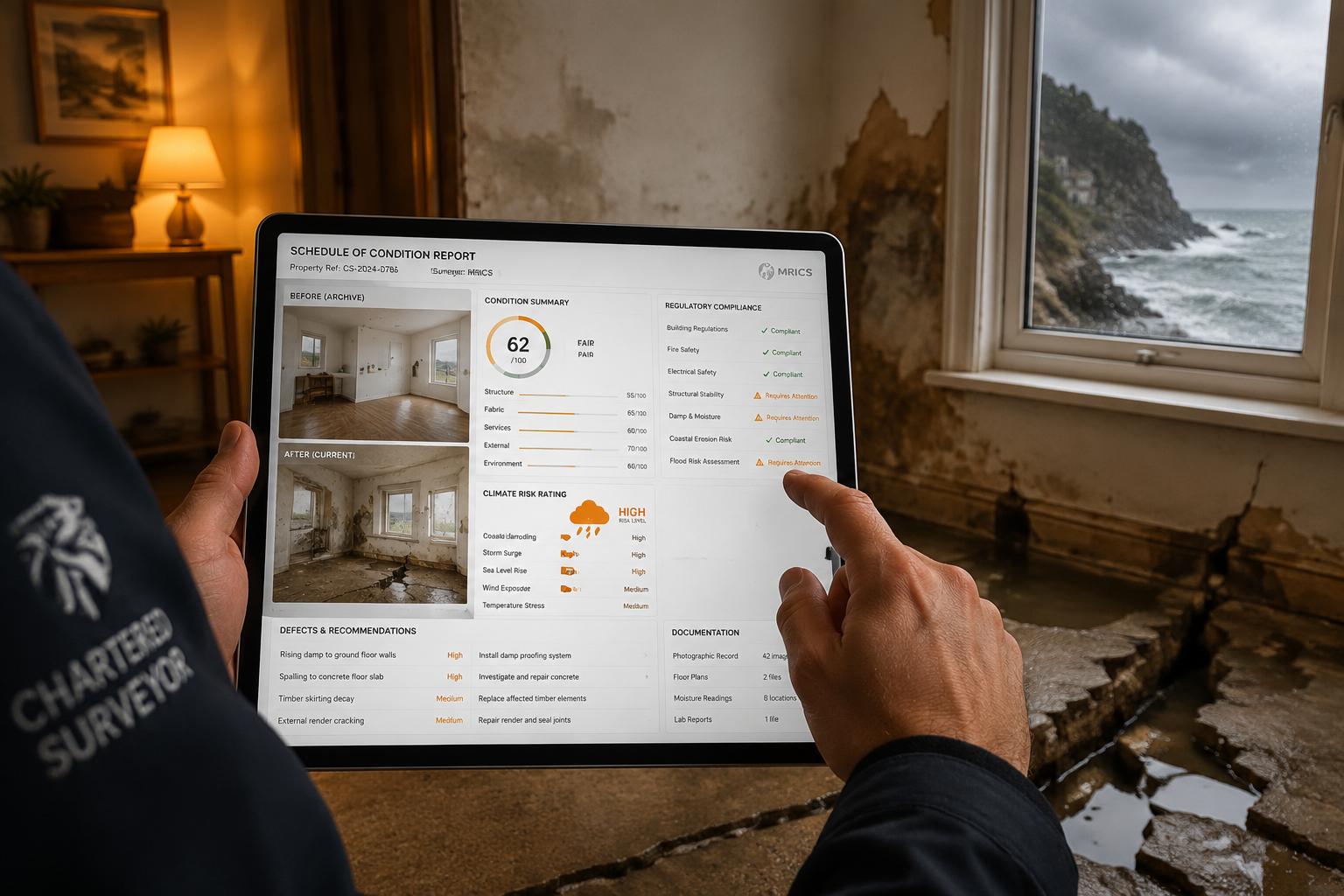Close-up () showing a chartered surveyor reviewing a detailed schedule of condition report on a tablet device inside a