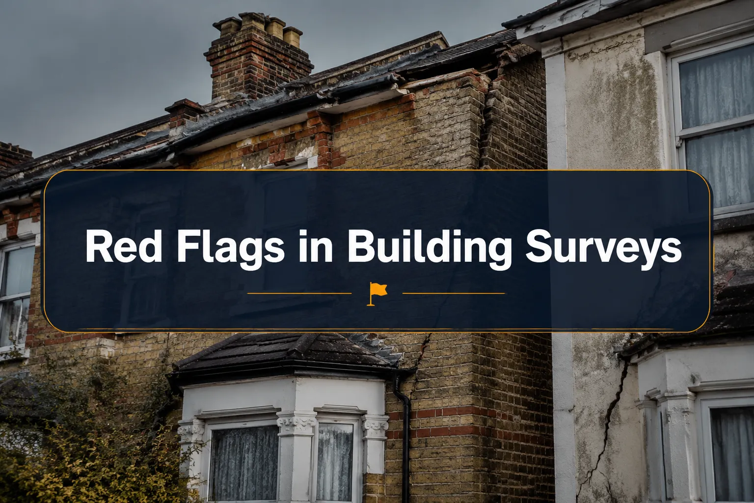 Professional () hero image with (≤42 chars): 'Red Flags in Building Surveys' in crisp white on a deep navy semi-transparent