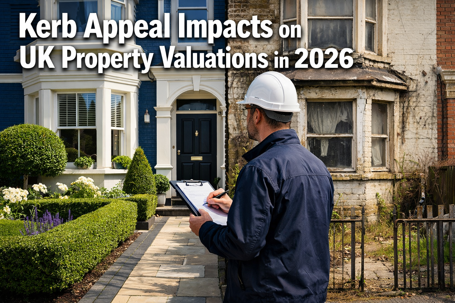 Professional () hero image featuring 'Kerb Appeal Impacts on UK Property Valuations in 2026' in extra large white with dark