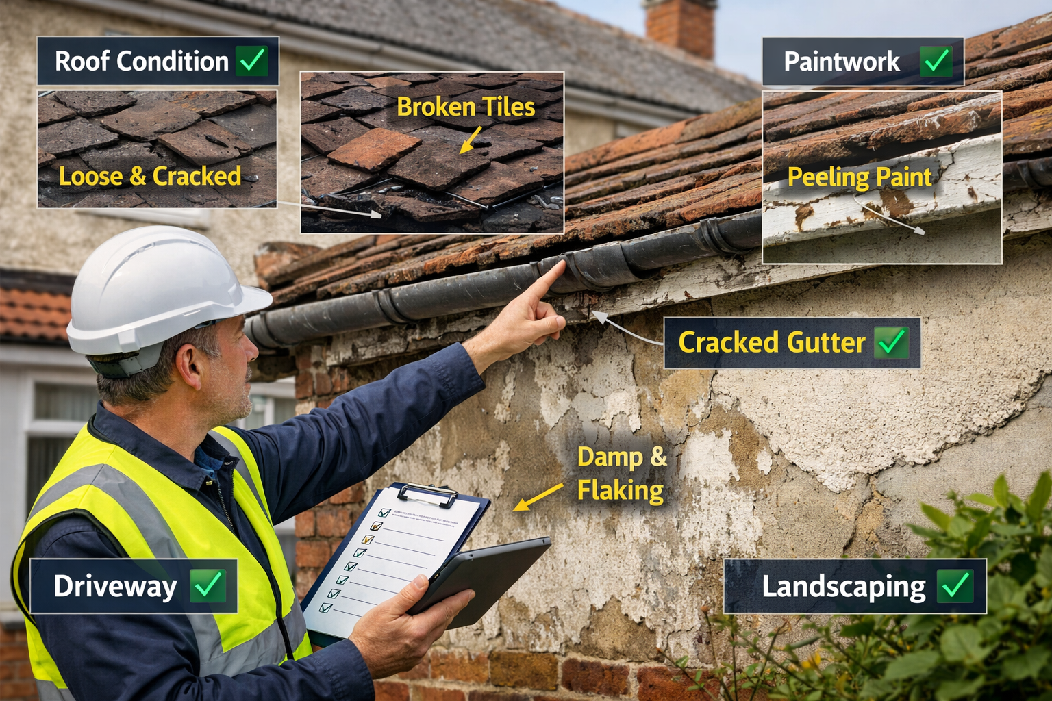 Detailed () image showing professional chartered surveyor conducting exterior property assessment with digital tablet and