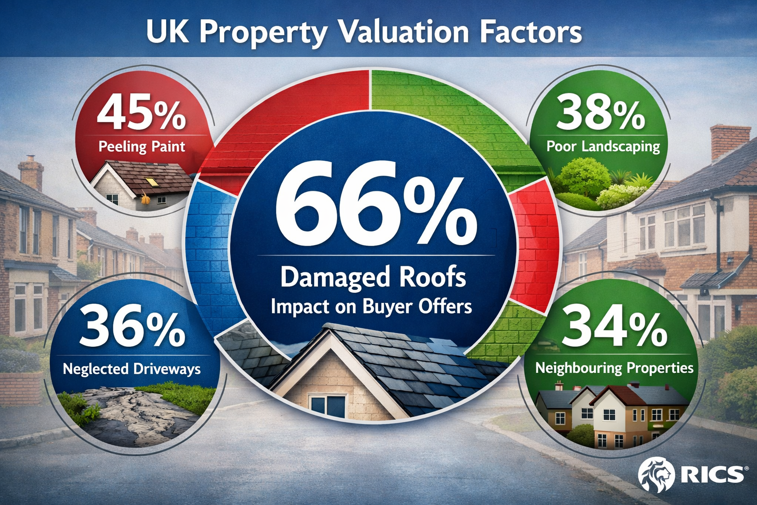 Comprehensive () infographic-style image displaying UK property valuation factors as circular percentage chart. Central