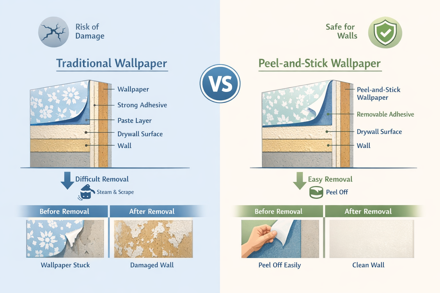 Detailed infographic showing cross-section comparison of traditional wallpaper vs peel-and-stick wallpaper application on apartment wall, wi