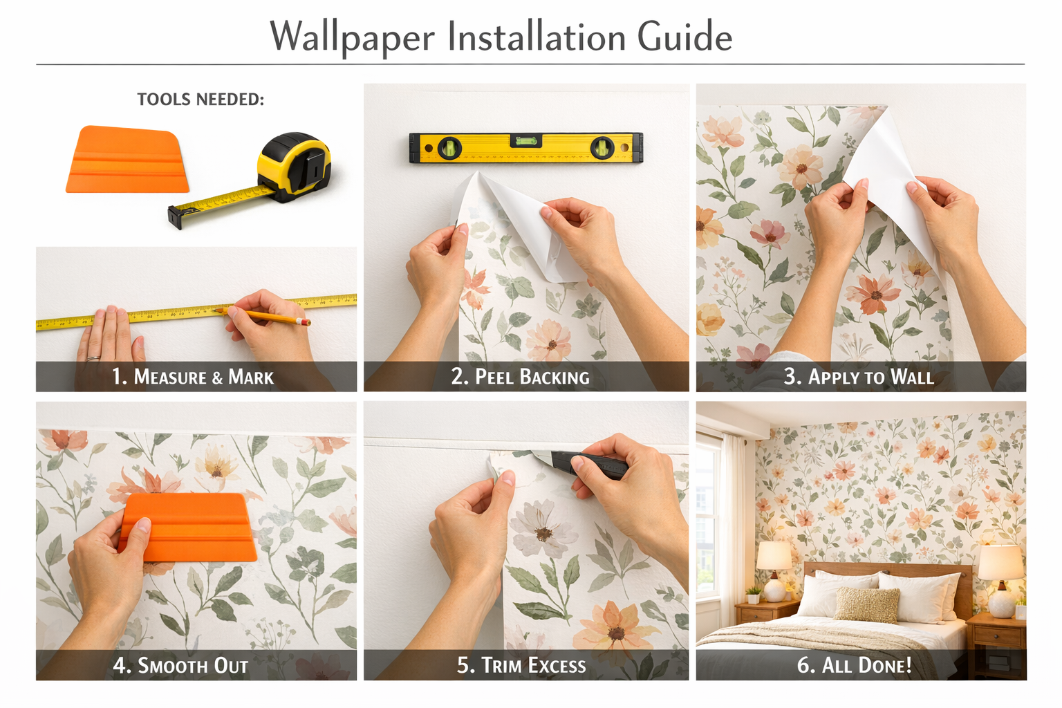 Step-by-step visual installation guide showing hands applying removable wallpaper to bedroom accent wall, with numbered steps overlay, tools