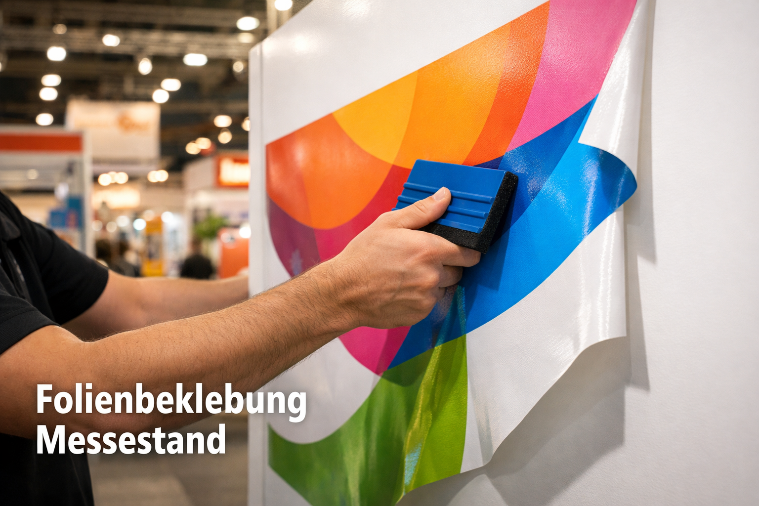 () detailed illustration showing a close-up of a professional applying large-format vinyl foil to an exhibition stand panel,
