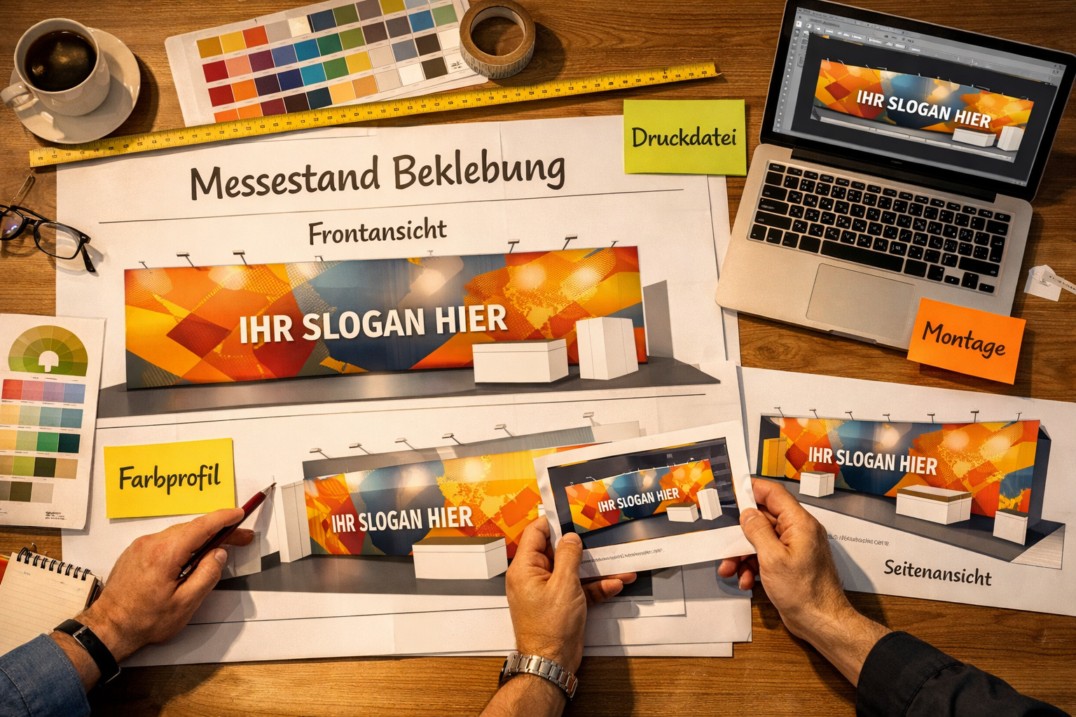 () overhead bird's-eye view of a trade fair booth planning workspace with printed design mockups for Messestand Beklebung
