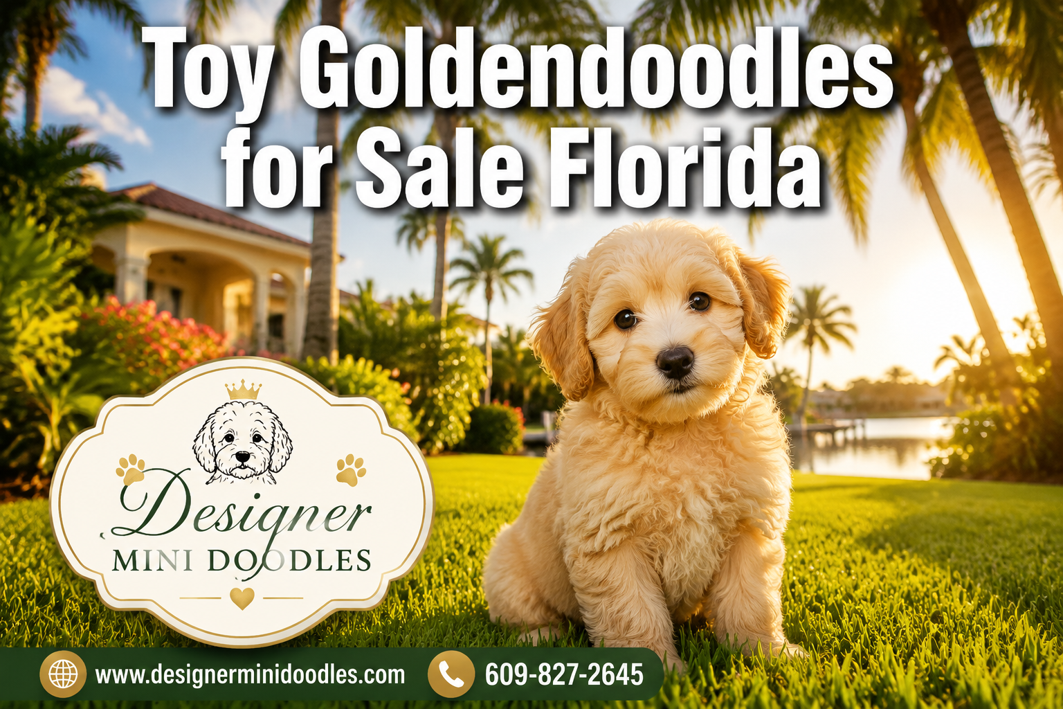 Professional () hero image featuring 'Toy Goldendoodles for Sale Florida' in extra large white with dark effect, centered in