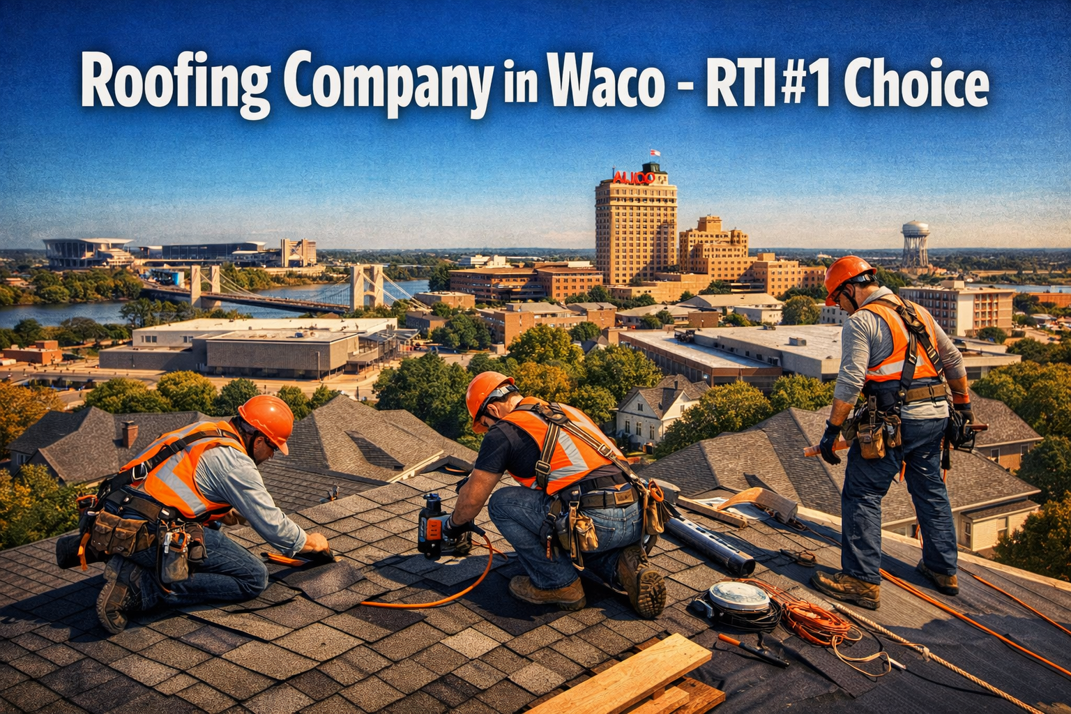 Professional landscape hero image (1536x1024) featuring bold text overlay 'Roofing Company in Waco - RTI #1 Choice' in extra large 72pt whit