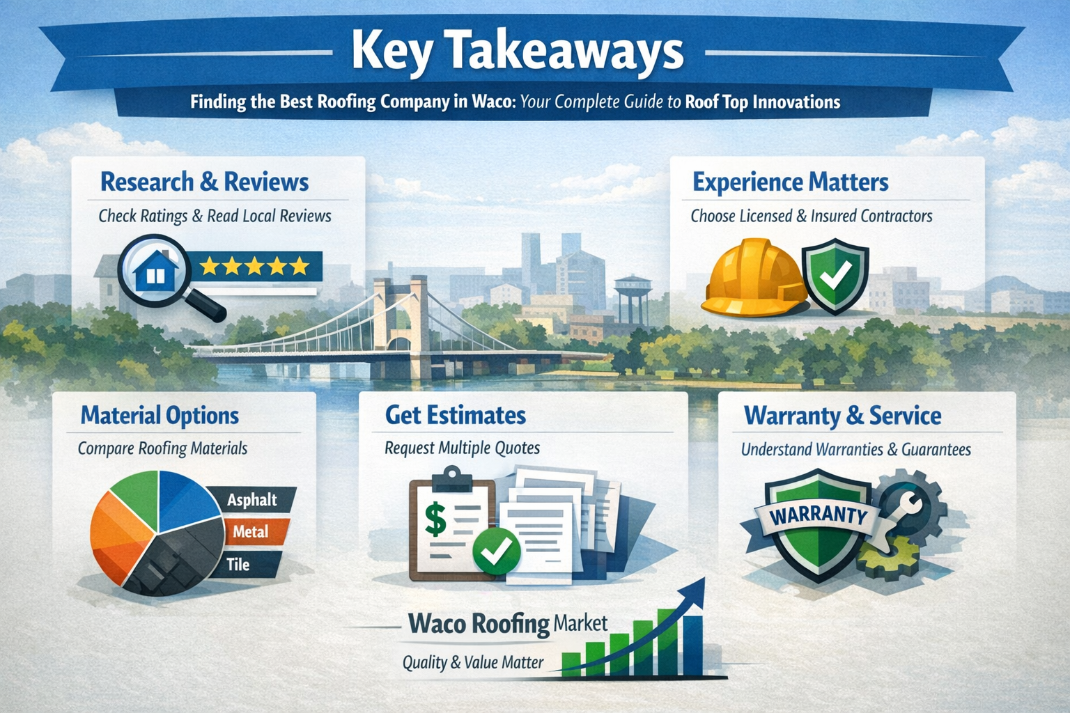 Professional landscape infographic (1536x1024) for article "Finding the Best Roofing Company in Waco: Your Complete Guide to Roof Top Innova