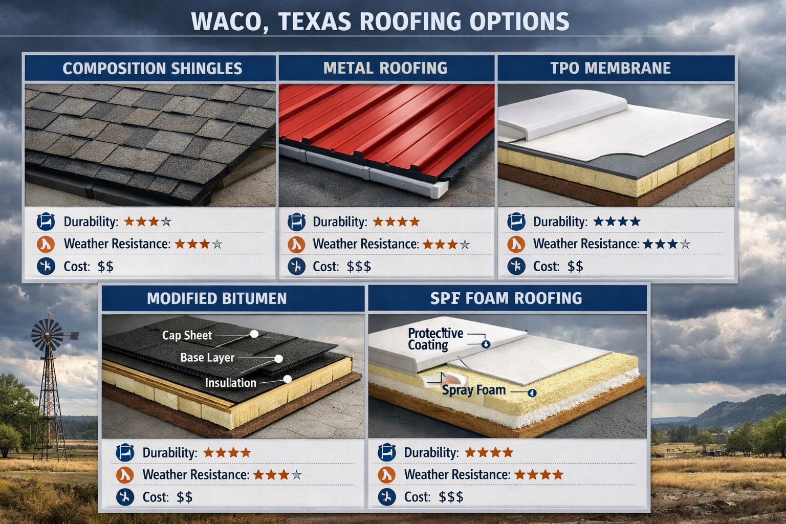Detailed landscape image (1536x1024) showcasing various roofing materials and styles popular in Waco, Texas climate. Visual grid layout disp