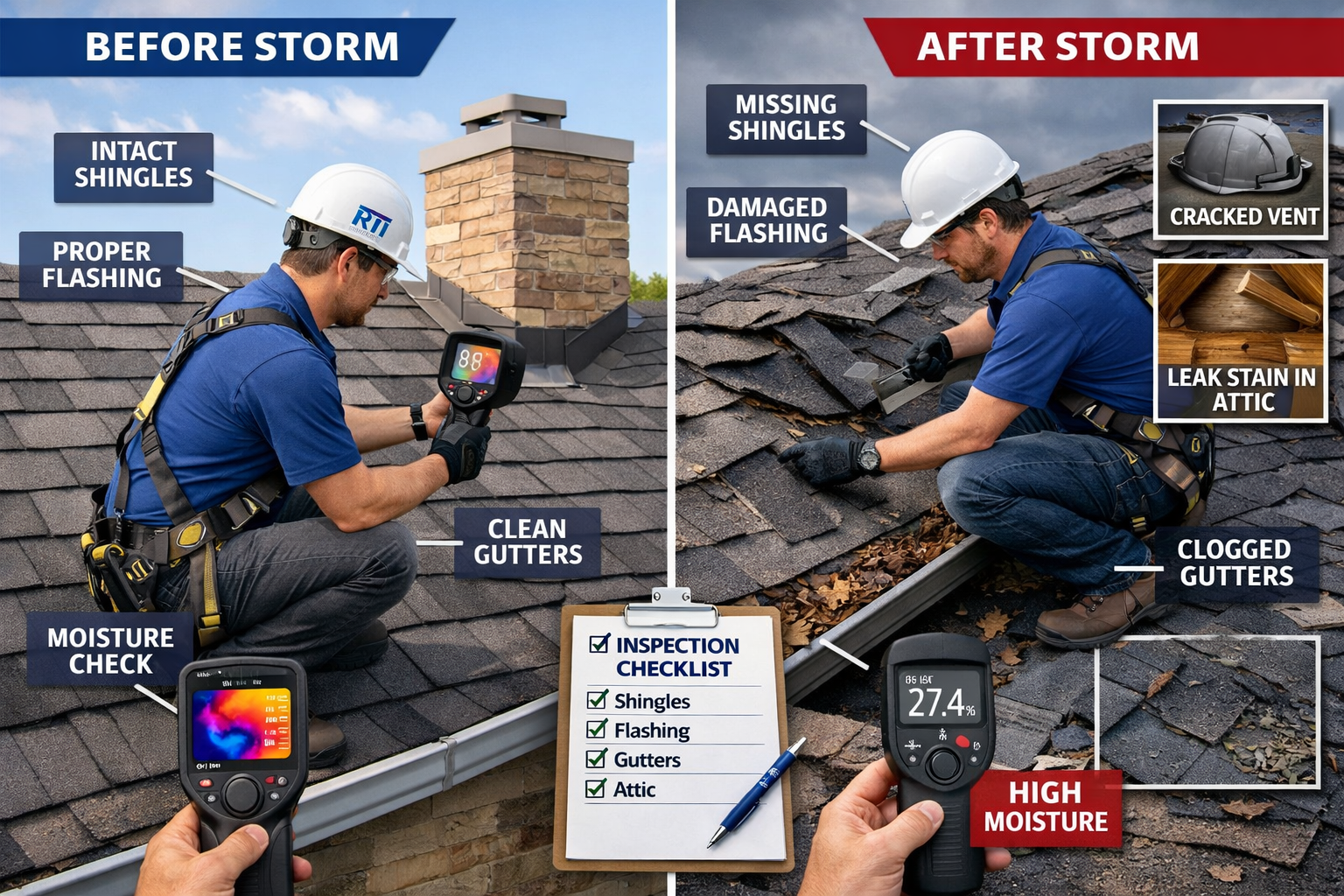 Landscape image (1536x1024) illustrating comprehensive roof inspection process with professional inspector on residential roof using modern 