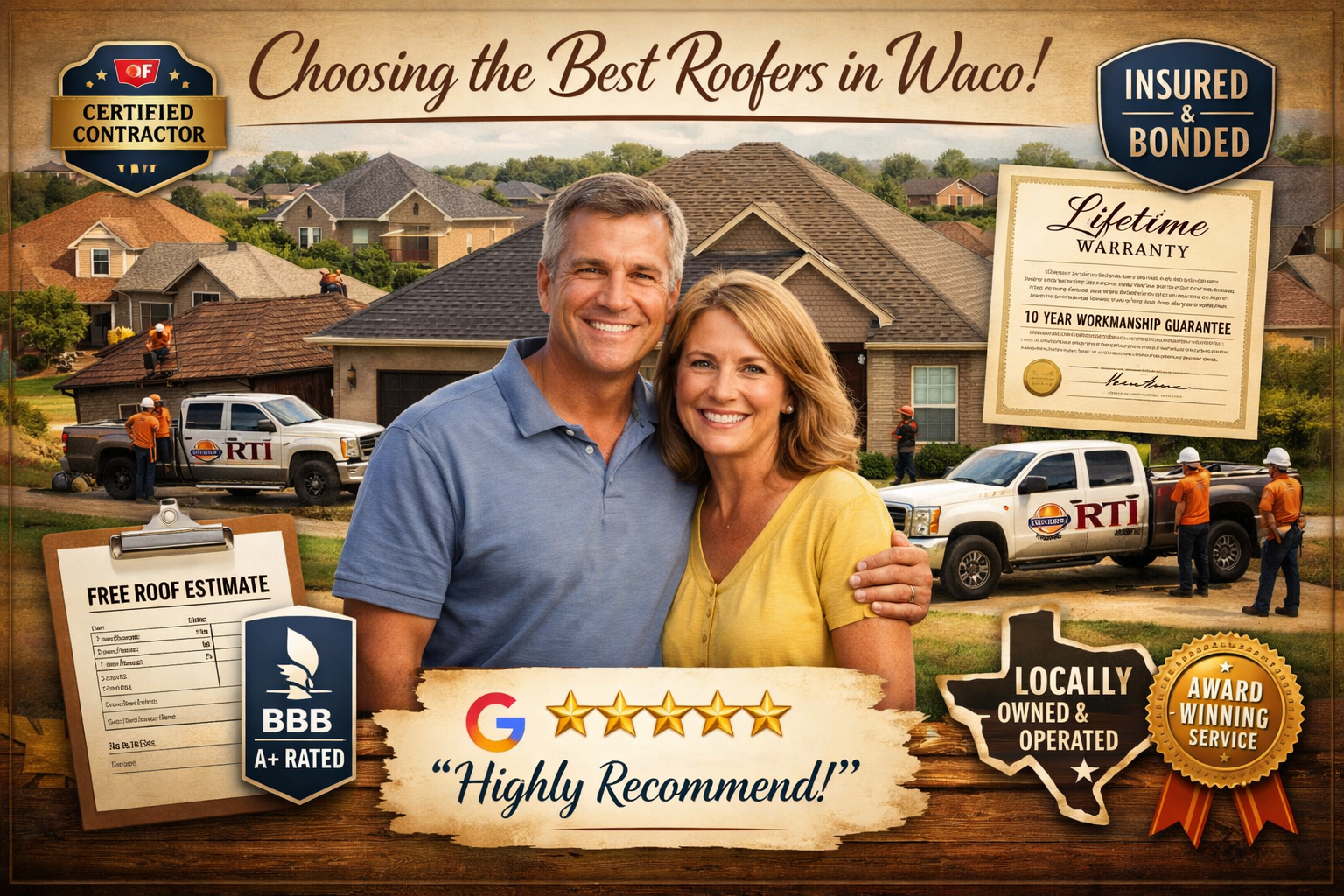 Professional landscape image (1536x1024) depicting customer testimonial and selection process for choosing roofing company in Waco. Central 