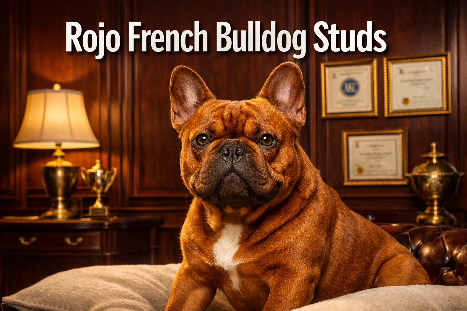 Professional landscape format (1536x1024) hero image featuring bold text overlay 'Rojo French Bulldog Studs' in extra large 72pt white sans-