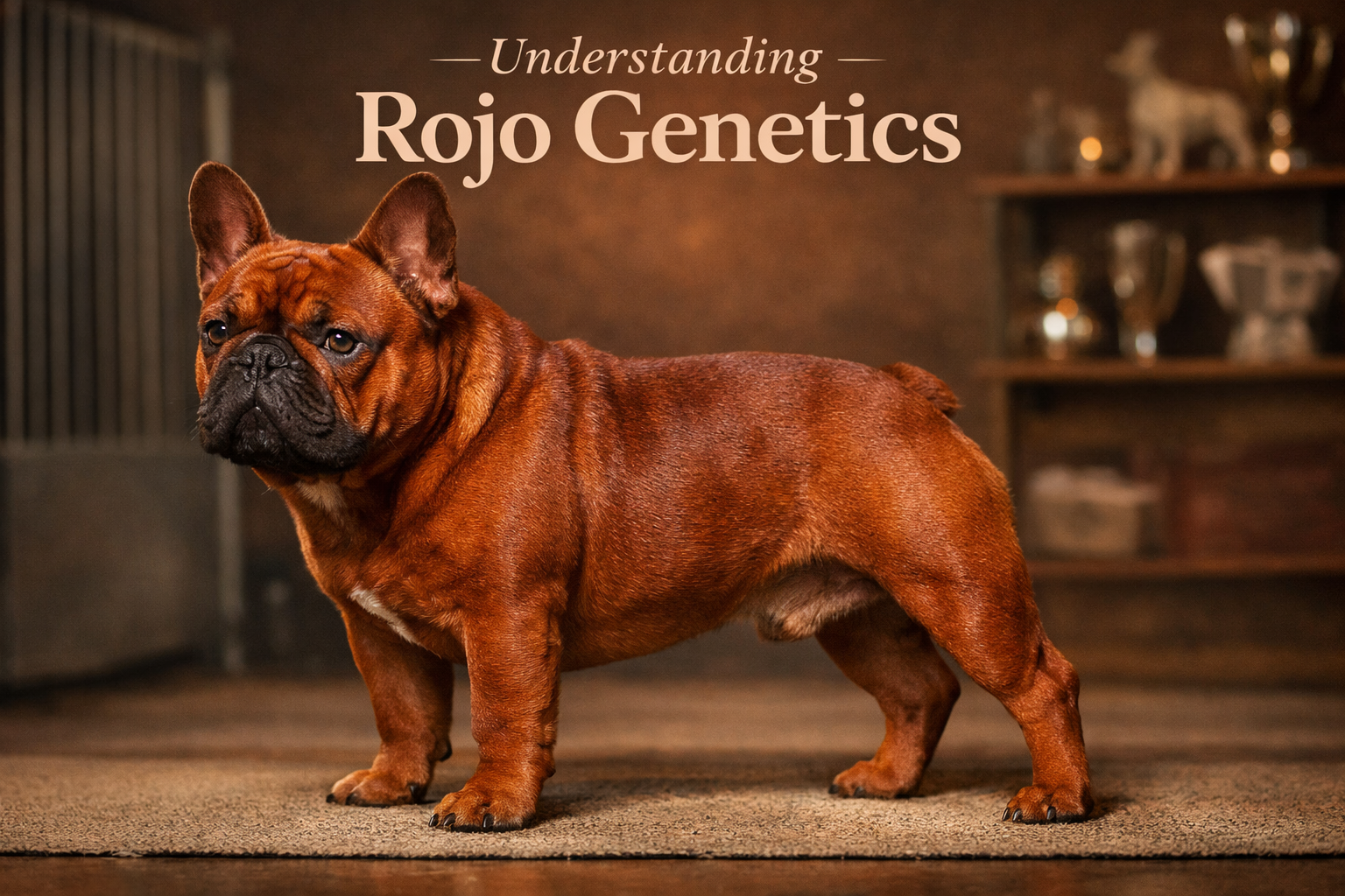 Detailed landscape format (1536x1024) image showing close-up of stunning Rojo French Bulldog stud with rich red coat coloration, muscular bu