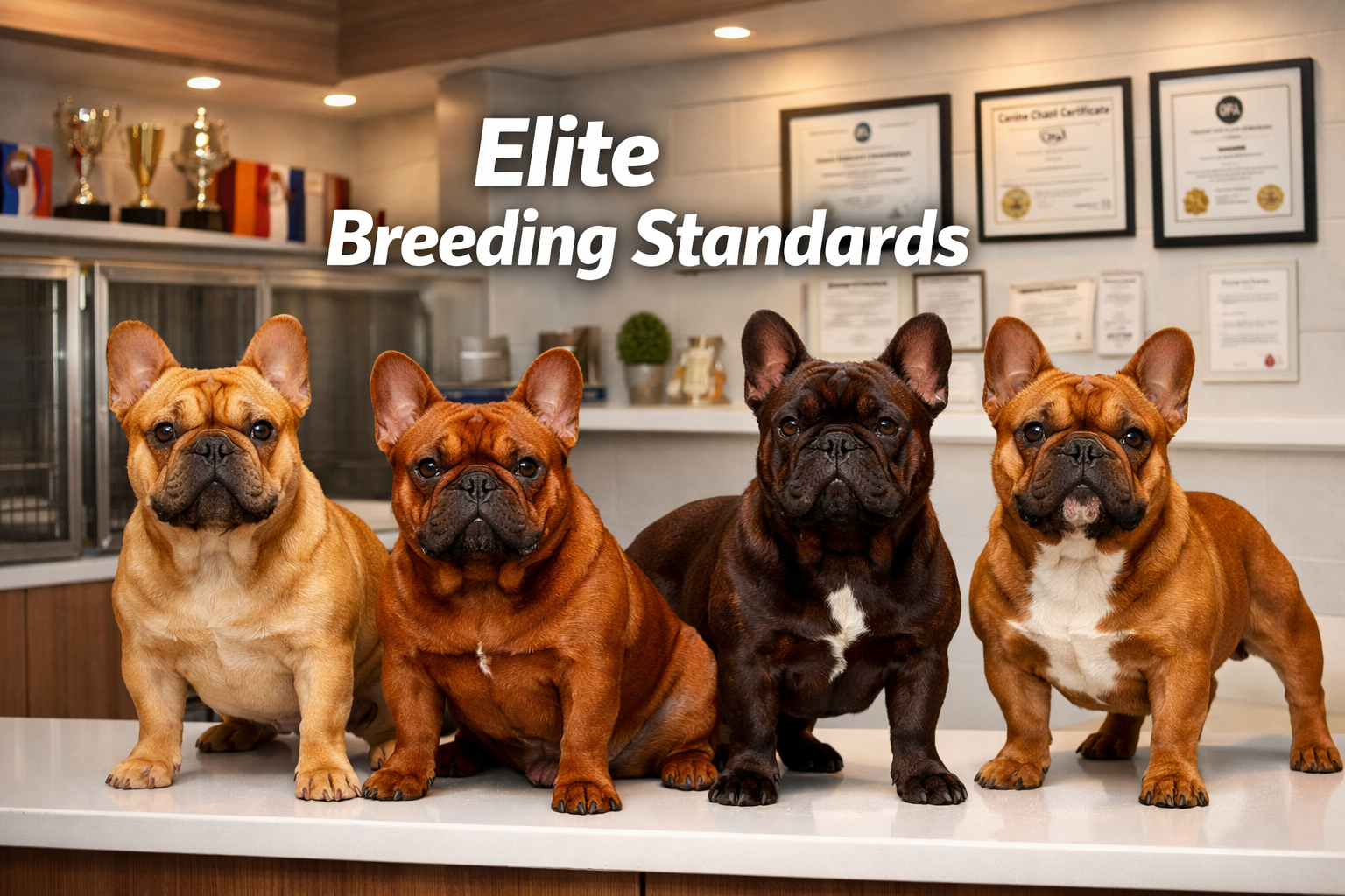 Professional landscape format (1536x1024) image depicting multiple champion Rojo French Bulldog studs in premium breeding facility. Dogs sho
