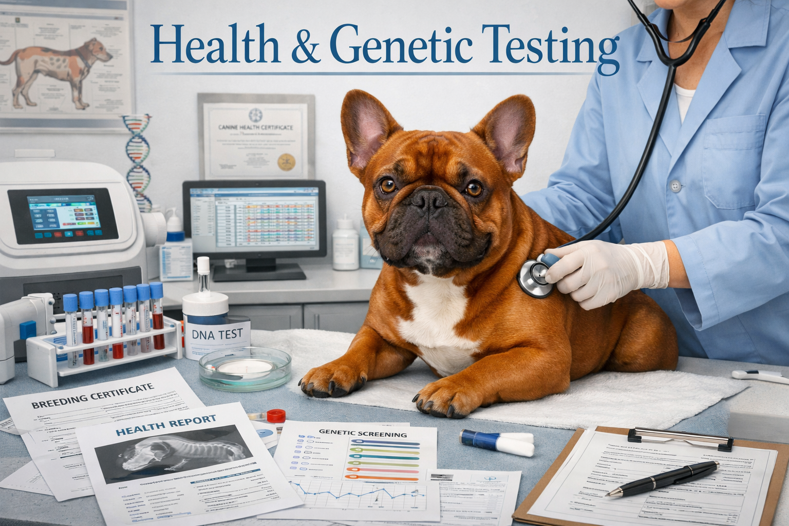 Detailed landscape format (1536x1024) image showing Rojo French Bulldog stud during professional health screening with veterinarian. Scene i