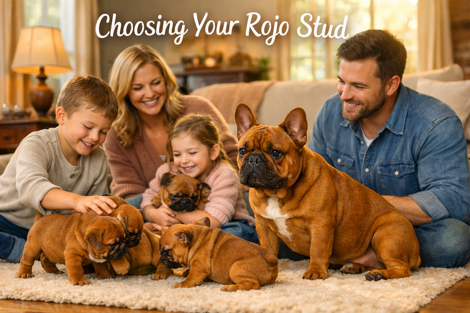 Professional landscape format (1536x1024) image featuring happy family with Rojo French Bulldog puppies in comfortable home setting. Multipl