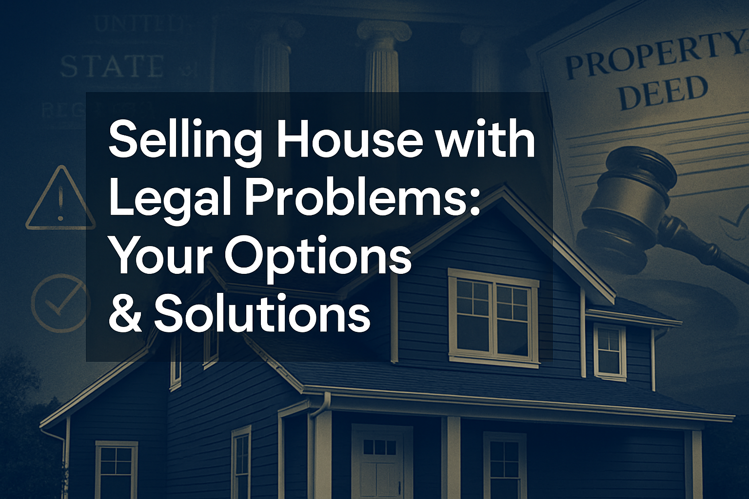 Professional landscape hero image (1536x1024) featuring bold text overlay 'Selling House with Legal Problems: Your Options & Solutions' in e