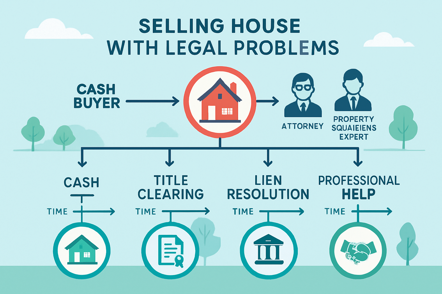 Comprehensive landscape illustration (1536x1024) depicting solution pathways for selling houses with legal problems: flowchart-style visual 