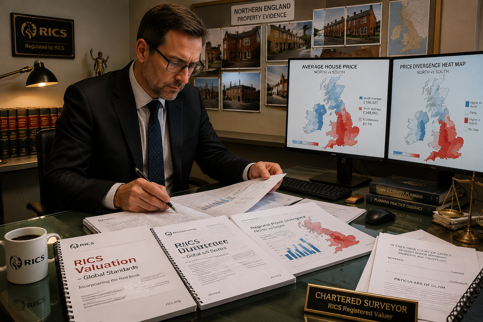 Wide-angle editorial photograph of a professional chartered surveyor in formal attire reviewing large printed RICS Red Book