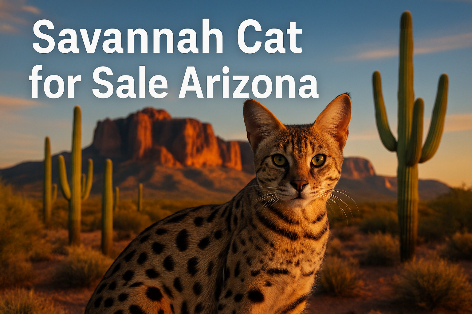 Professional landscape hero image (1536x1024) featuring a stunning high percentage F1 Savannah cat with distinctive spotted coat and large e