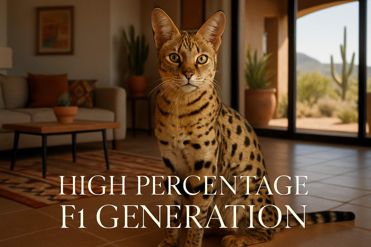 High-resolution image of an HPF1 Savannah cat displaying characteristic wild features - large ears, long legs, spotted golden coat pattern,