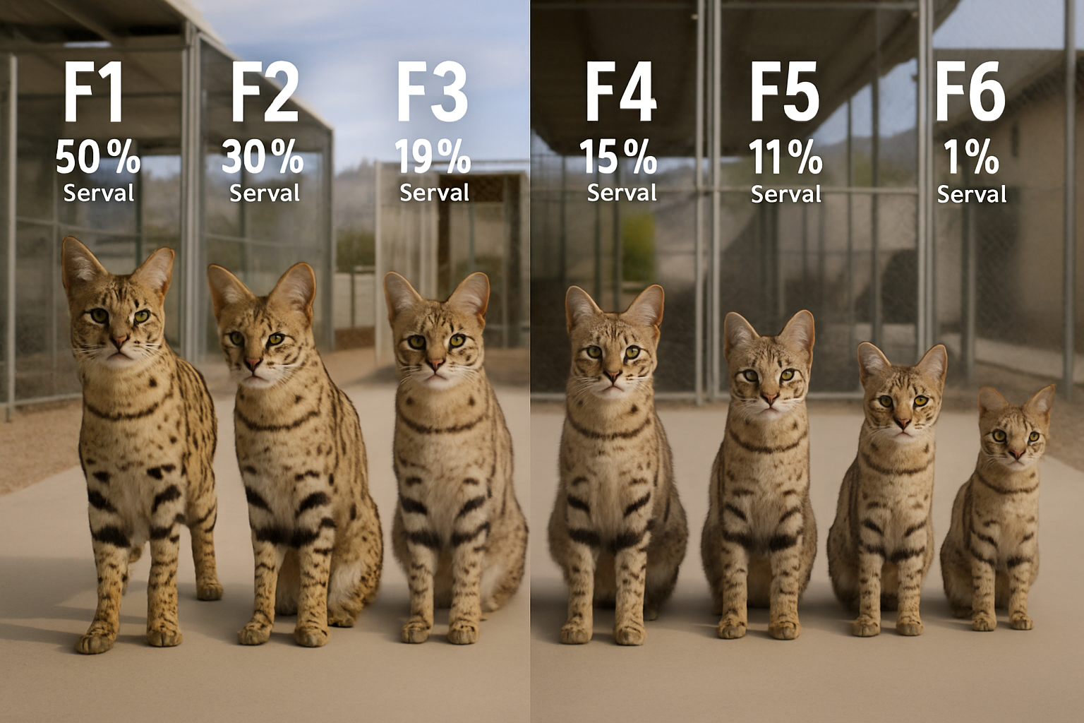Split-screen comparison image showing F1 through F6 Savannah cat generations side by side, each clearly labeled with generation markers. Lef