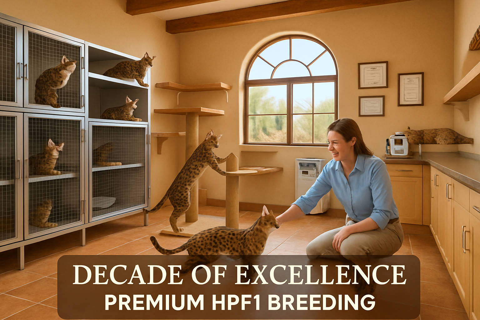 Professional Arizona breeding facility interior showcasing clean, spacious cattery environment with multiple levels, enrichment features, an