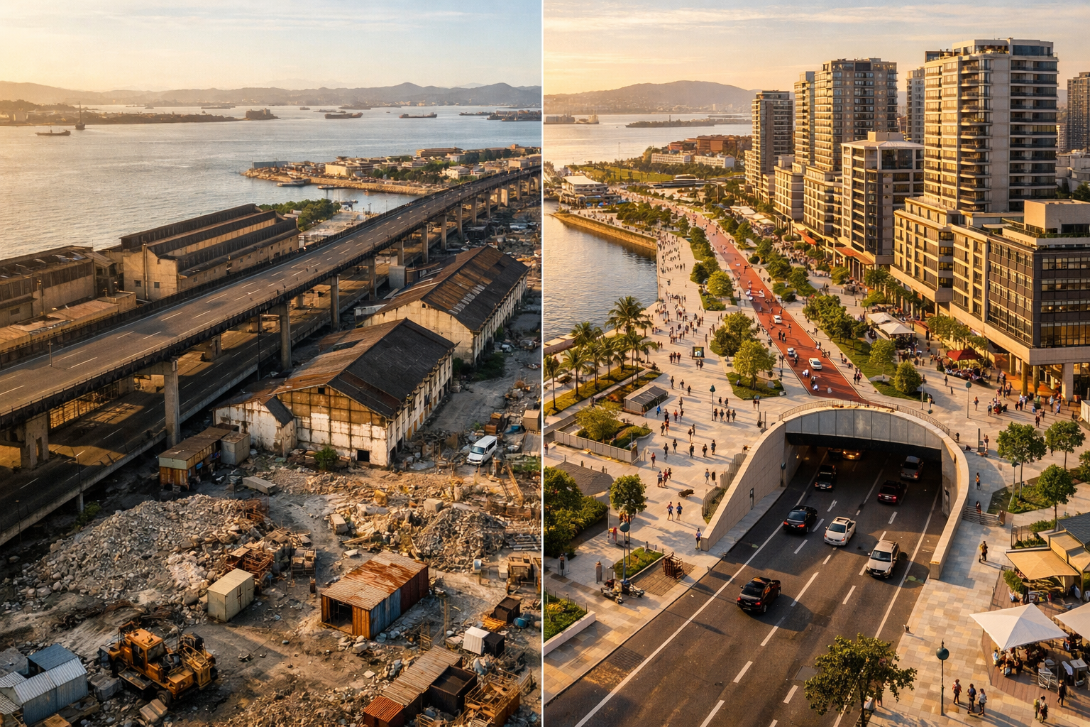 Wide-angle architectural photography of Rio de Janeiro's Porto Maravilha waterfront district showing the transformation