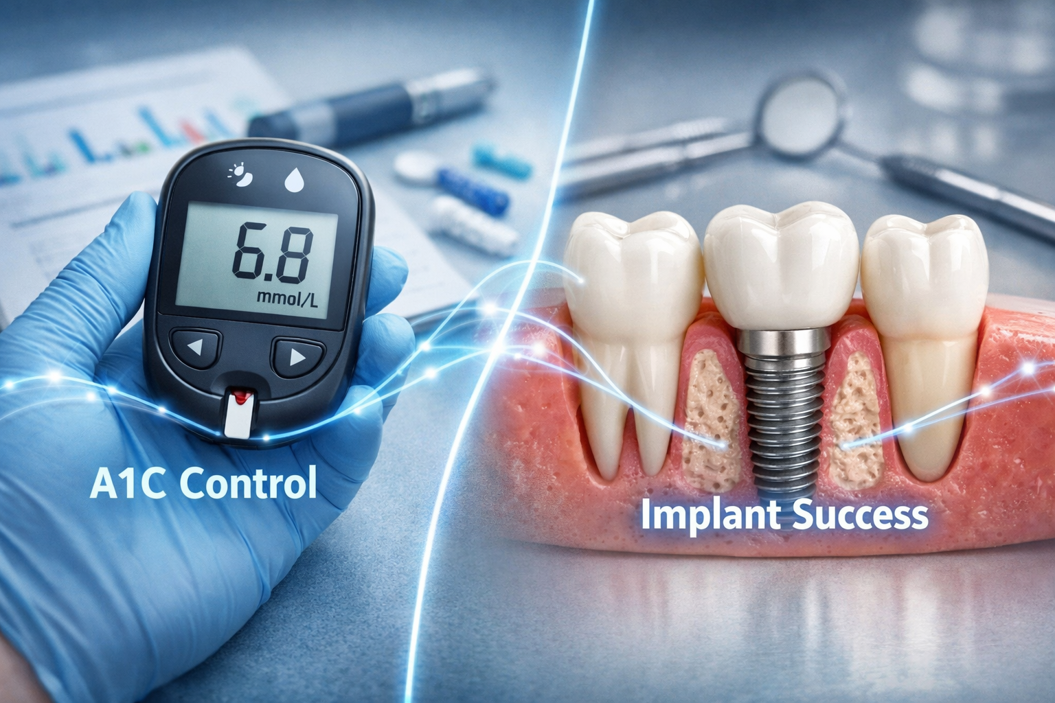() image focusing on the intersection of diabetes management and dental care. A split image showing a digital blood glucose