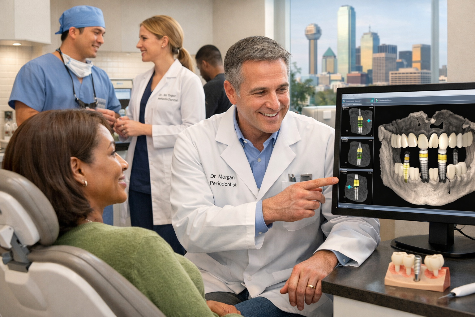 () image showcasing a diverse group of highly professional dental specialists (periodontist, oral surgeon, restorative